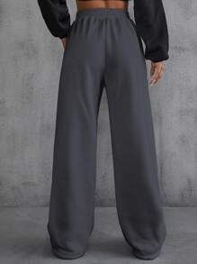 INAWLY Pantalones deportivos con diseño de parche de letra con bolsillos oblicuos - Gris Oscuro - Ver 2