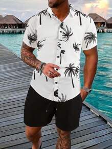 Manfinity RSRT 男士度假海滩椰子树印花衬衫和抽绳短裤，舒适服装 - 黑與白 - 查看 4