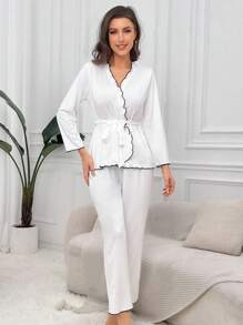 撞色滾邊腰帶休閒服套裝 - 白色 - 查看 4