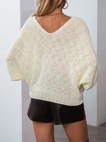 SHEIN LUNE Solid Batwing Sleeve V Neck Sweater Knit Pullover Fall Winter Outfit - White - View 2