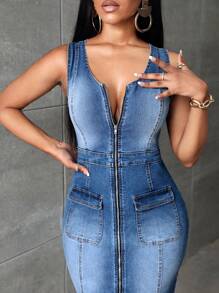 SHEIN SXY 休閒口袋 拉鍊 開衩純色女士牛仔連衣裙 - 深色水洗藍 - 查看 4