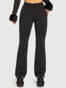 ROMWE Grunge Punk Cross Embroidery Flare Leg Jeans - Black - View 6