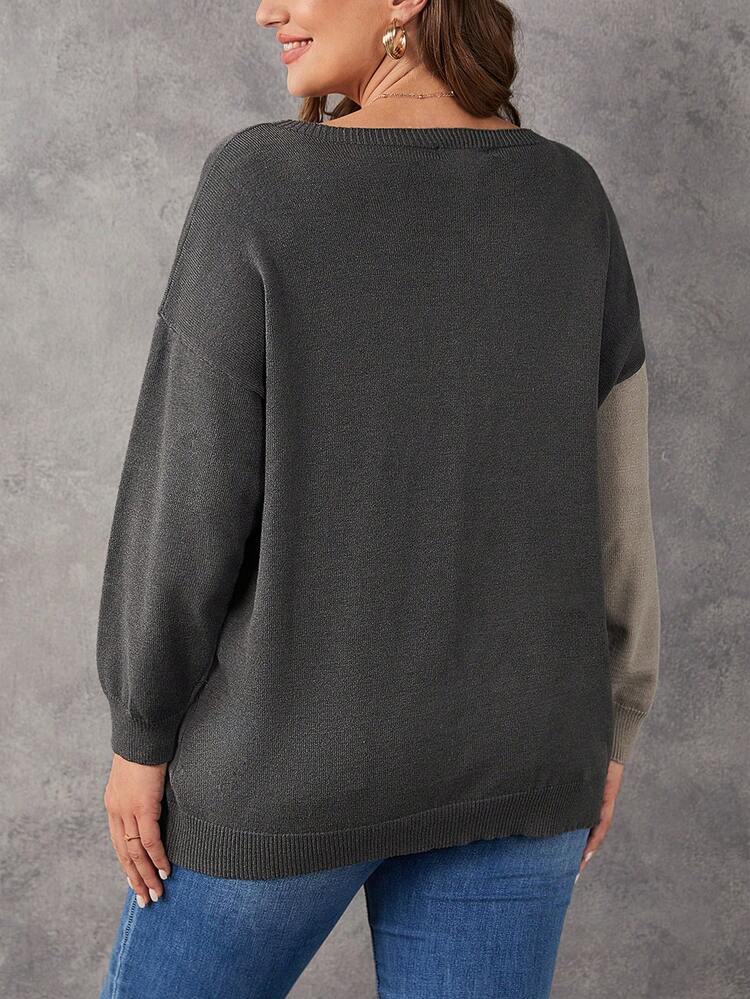 Plus Two Tone Button Detail Asymmetrical Neck Drop Shoulder Sweater