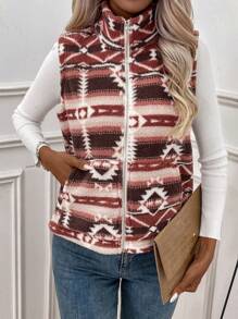 EMERY ROSE Geo Pattern Zip Up Teddy Vest Jacket - Multicolor - View 5