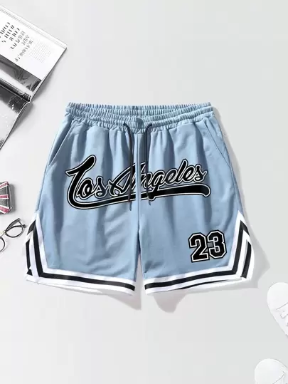 Manfinity Campus Court Men's Loose Fit Shorts With Letter Print And Contrast Trims Design, Featuring A Drawstring Waist Basketball Shorts