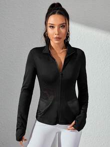 Zip Up Thumbholes Sports Jacket - Black - View 3