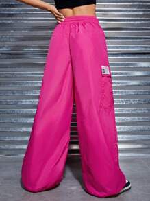 SHEIN Coolane 腰部抽繩翻蓋口袋降落傘褲 - 玫紅色 - 查看 3