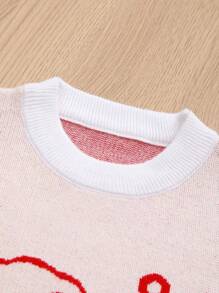 SHEIN Tween Girl Cartoon Pattern Contrast Trim Sweater - White - View 3
