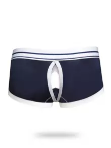 Men's Navy Blue And White Striped Knitted Fabric Boxer Briefs With Contrast Binding Naughty Style Underwear Medium Stretch - Blue and White - View 2
