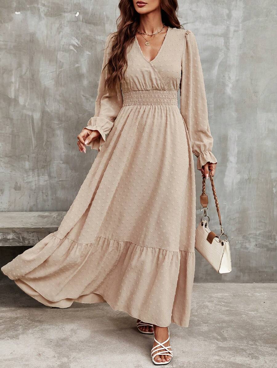 SHEIN LUNE 瑞士圆点荷叶边袖荷叶边下摆长款连衣裙女装