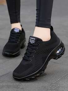 女性透氣舒適運動鞋帶氣墊鞋底,輕便,防滑,黑色跑步鞋,休閒步行鞋 - 黑色 - 查看 1