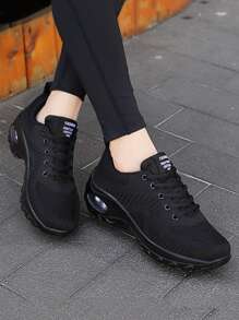 女性透氣舒適運動鞋帶氣墊鞋底,輕便,防滑,黑色跑步鞋,休閒步行鞋 - 黑色 - 查看 5