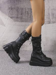 秋冬黑色轻便女式时尚加大拉链坡跟厚底骑士靴，朋克风格过膝中筒靴 - 黑色 - 查看 2