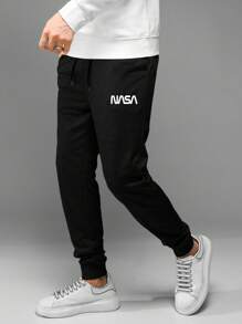 RueChic Cotton Men Letter Graphic Drawstring Waist Sweatpants - Black - View 5