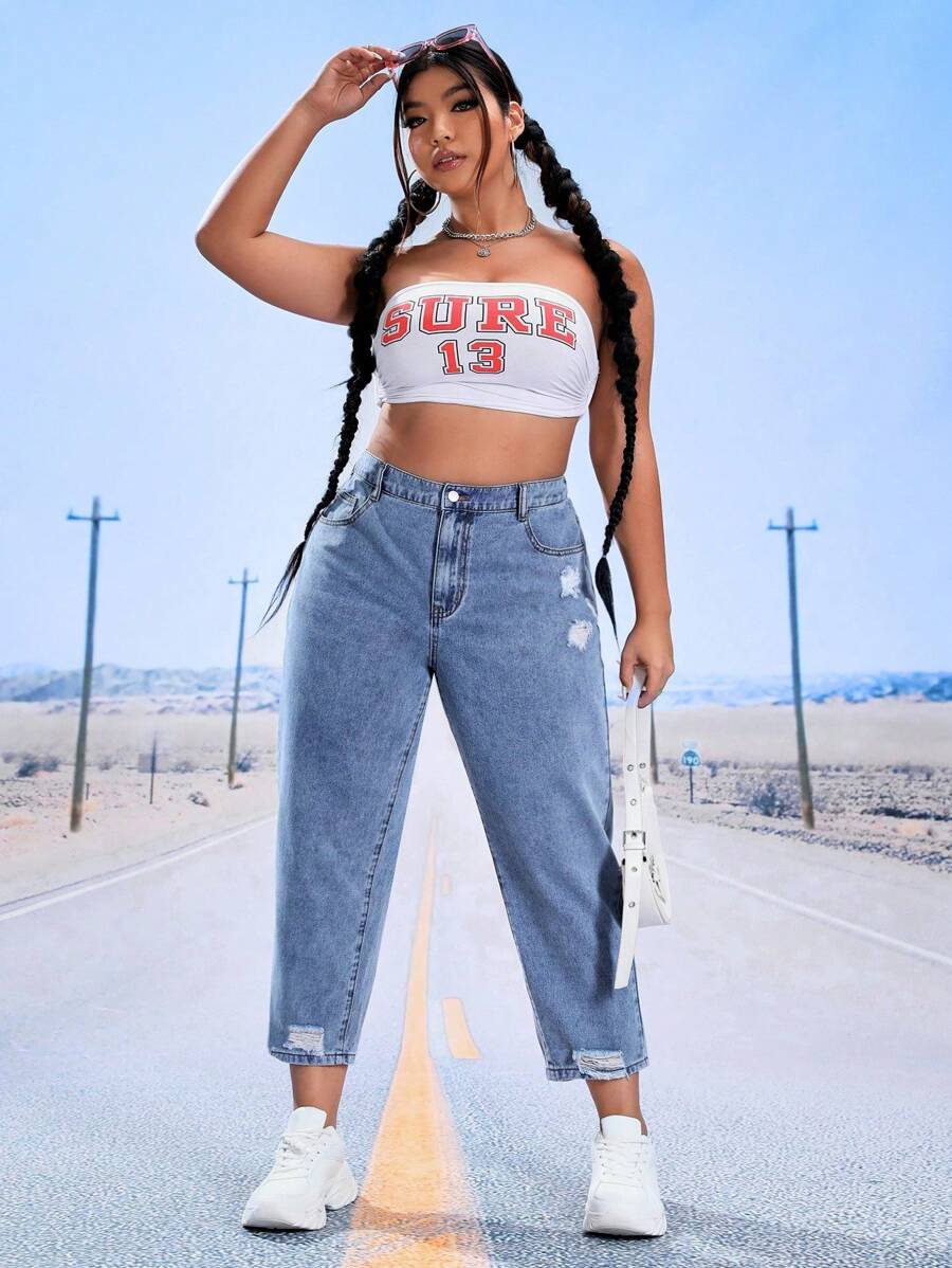 SHEIN EZwear Plus High Waist Ripped Mom Fit Jeans - Light Wash - View 1