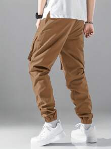 Men Letter Patched Detail Flap Pocket Drawstring Waist Cargo Pants - Khaki - View 2