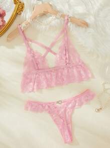 花卉蕾絲荷葉邊下擺內衣套裝 - 粉色 - 查看 2