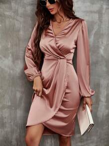 SHEIN Essnce Lantern Sleeve Wrap Hem Satin Dress - Dusty Pink - View 4