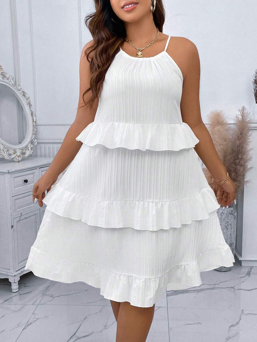 SHEIN LUNE Hơn Viền Ruffle Váy Dây - trắng - Xem 1