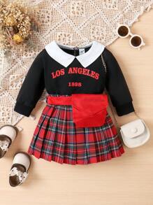Baby Girl Letter Graphic Contrast Collar Sweatshirt & Tartan Pleated Skirt & Bag
