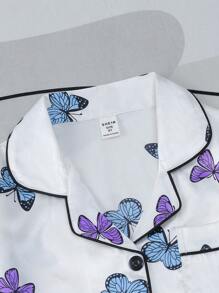 Girls Butterfly Print Contrast Piping Satin PJ Set - White - View 6