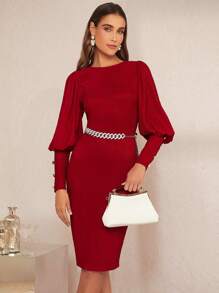 SHEIN Clasi Tay áo Đồ đan Ribbed Đầm Không có thắt lưng - Màu Đỏ Sâu - Xem 2