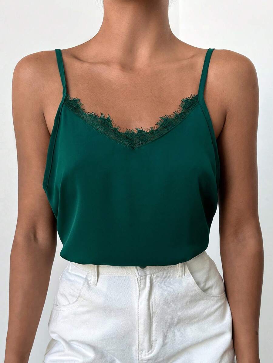 EURMUSE Eyelash Lace Trim Cami Top - Dark Green - View 1