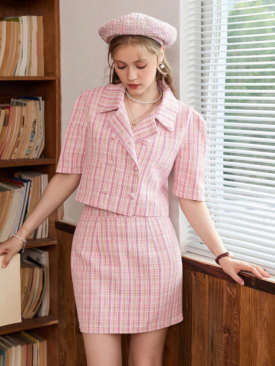 SHEIN MOD 格紋印花西裝領襯衫&半身裙 - 粉色 - 查看 1