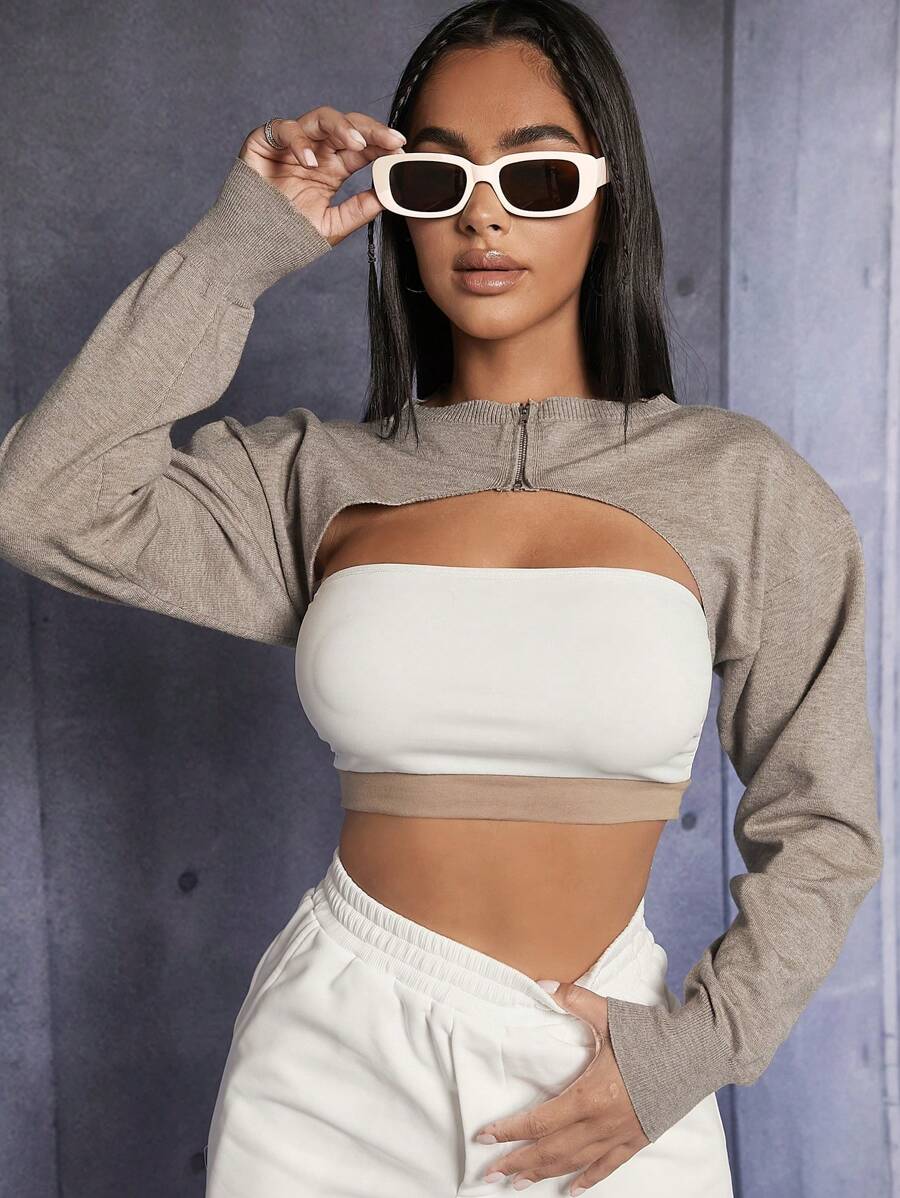 SHEIN PETITE 素色超短版開襟衫不附抹胸 - 卡其色 - 查看 1