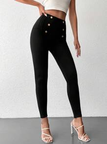 EURMUSE Sexy Button-Accent Form-Fitting 7/8 Length Pants - Black - View 5