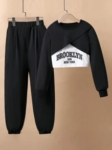 SHEIN 女大童字母圖案背心上衣&短款運動衫和運動褲 - 黑與白 - 查看 1