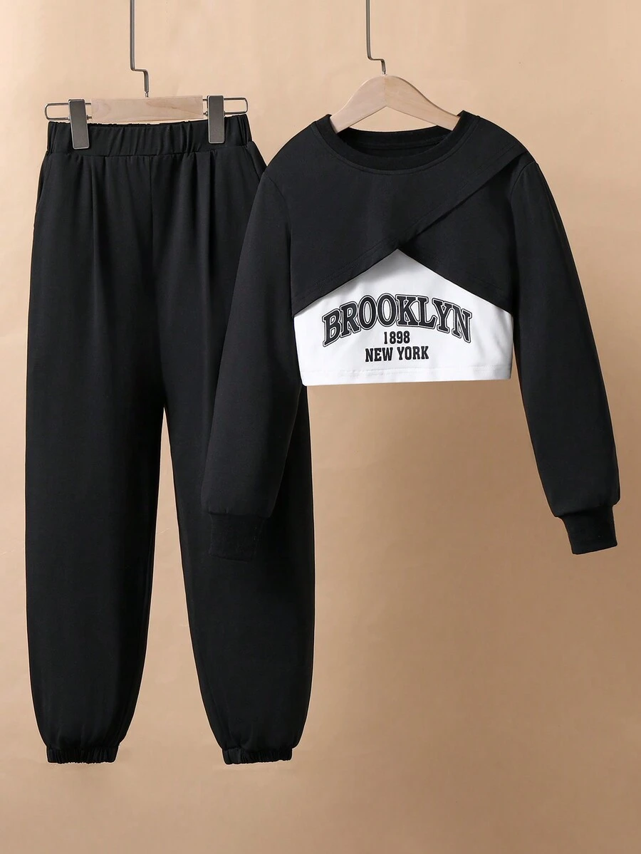 SHEIN 女大童字母圖案背心上衣&短款運動衫和運動褲 - 黑與白 - 查看 1