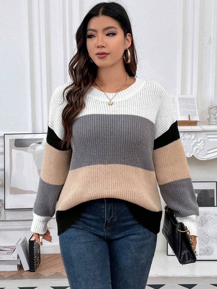 SHEIN Frenchy Plus Color Block Drop Shoulder Sweater | SHEIN UK