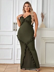 Plus Ruffle Trim Mermaid Hem Cami Dress - Army Green - View 5