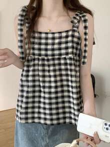 复古格子宽松系带女式背心，夏季休闲款 - 黑與白 - 查看 5