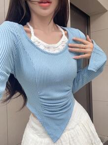 DAZY Áo thun nữ tay dài họa tiết sọc nhún bèo bất đối xứng 2 trong 1, quần áo thu đông - Màu xanh lam - Xem 3