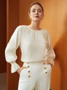 MOTF PREMIUM SEQUIN-EMBELLISHED BISHOP SLEEVE BLOUSE - Beige - View 2