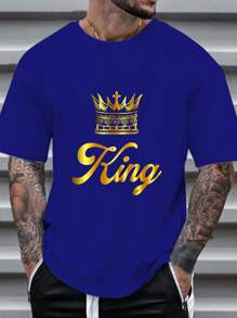 Manfinity Homme Hombres talla grande Camiseta con estampado de corona y letra - Azul - Ver 1