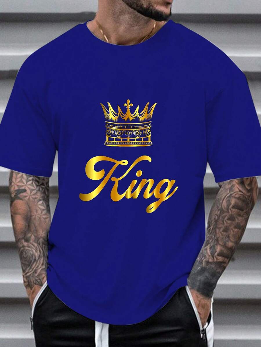 Manfinity Homme Hombres talla grande Camiseta con estampado de corona y letra - Azul - Ver 1