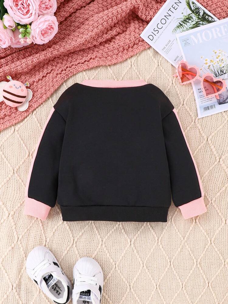 Baby Girl Slogan & Cartoon Graphic Contrast Side Seam Sweatshirt
