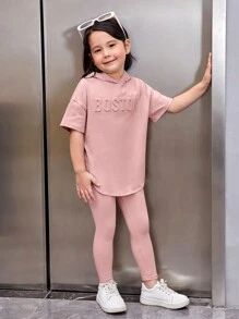 SHEIN Young Girl Letter Pattern Drop Shoulder Hooded Tee & Leggings
