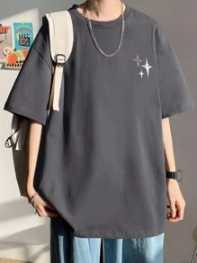 Hombres Camiseta de hombros caídos con estrella con con estampado de letra - Gris Oscuro - Ver 3