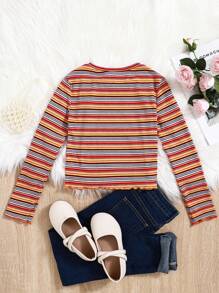 SHEIN Tween Girl Striped & Floral Embroidery Lettuce Trim Tee - Multicolor - View 2