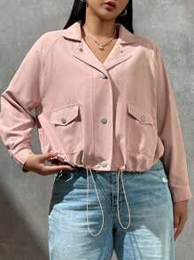 SHEIN EZwear Hơn Túi có nắp Viền kéo ra Tay Raglan Áo khoác - Hồng - Xem 3