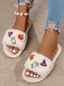Women's Open Toe Pumpkin Ghost Face House Slippers - Beige - View 3