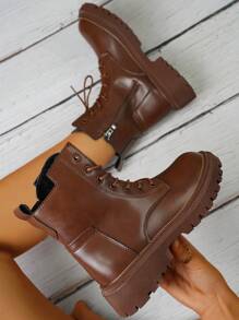 Botas Casuales De Moda Para Mujer Con Cordones - Color caoba - Ver 2