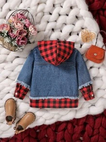 Baby Boy Gingham Print Ripped Raw Trim Hooded Denim Jacket - Multicolor - View 2
