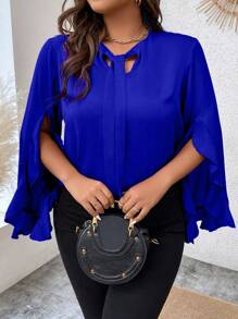 SHEIN Clasi Plus Tie Neck Flare Sleeve Blouse - Royal Blue - View 6