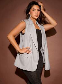 SHEIN Clasi Áo khoác  âu phục nữ Nút Túi màu trơn Thanh lịch - Xám - Xem 5