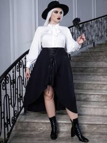 SHEIN Unity Plus Halloween Lace Up Front High Low Hem Skirt - Black - View 5